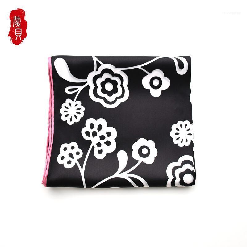 

Black 100% natural pure silk satin scarf women with white flower printed 90cm square scarves bandana neck shawl luxury lady gift1