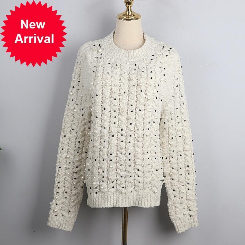 

New Autumn 2021 and Winter New Female Sweater Thick Needle Twist Retro Design Sense Loose Pearl Nail Around Neck Top Pullover A14I, Beige