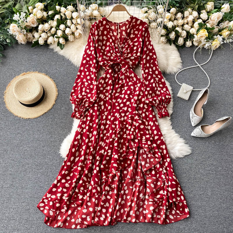 

2021 New Singiny fringe design frilly girl neck puff the line dressed autumn fashion streetwear dot long dress FBYG, Yellow.