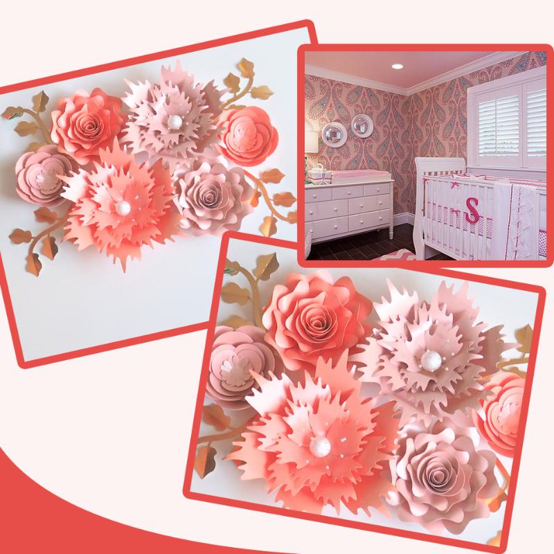 

Handmade Rose DIY Paper Flowers Leaves Nursery Set For Baby Shower Backdrops Decorations Nursery Wall Decor Home Decor Kids Room, Pink series
