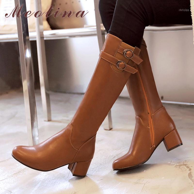 

Meotina Winter Knee High Boots Women Boots Buckle Chunky High Heels Long Zipper Round Toe Shoes Ladies Autumn Plus Size 431, Black