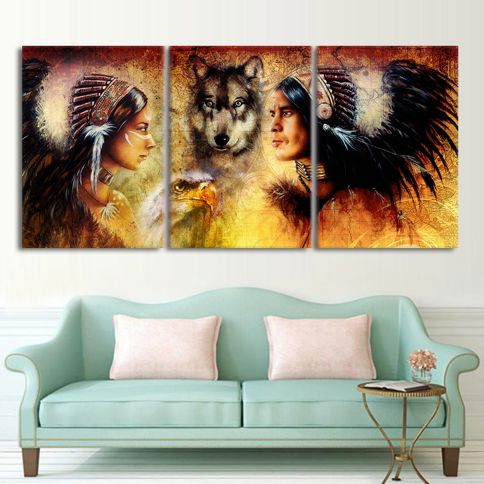 

3 Pieces Canvas Art Wolf And Indian Feather Warrior Women Poster Canvas Painting Wall Pictures For Living Room