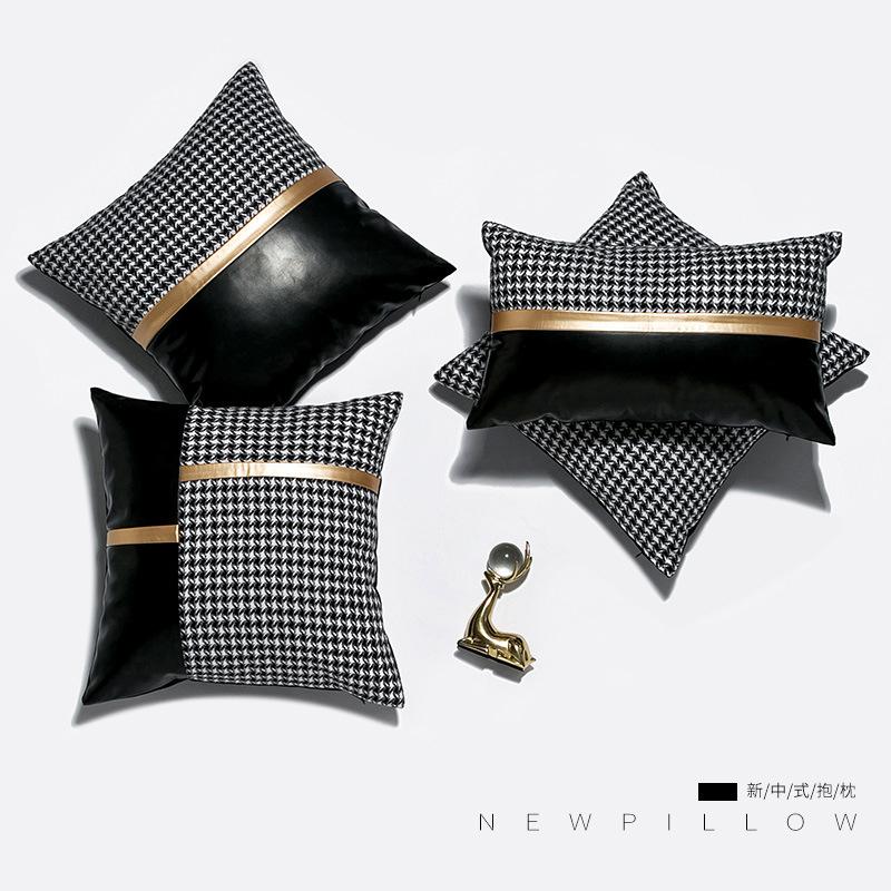 

Houndstooth PU Stitching Cushion Cover 30*50 45x45cm Velvet Lumbar Pillow Case for Living Room Sofa Car Personality Decorative, A 45cm