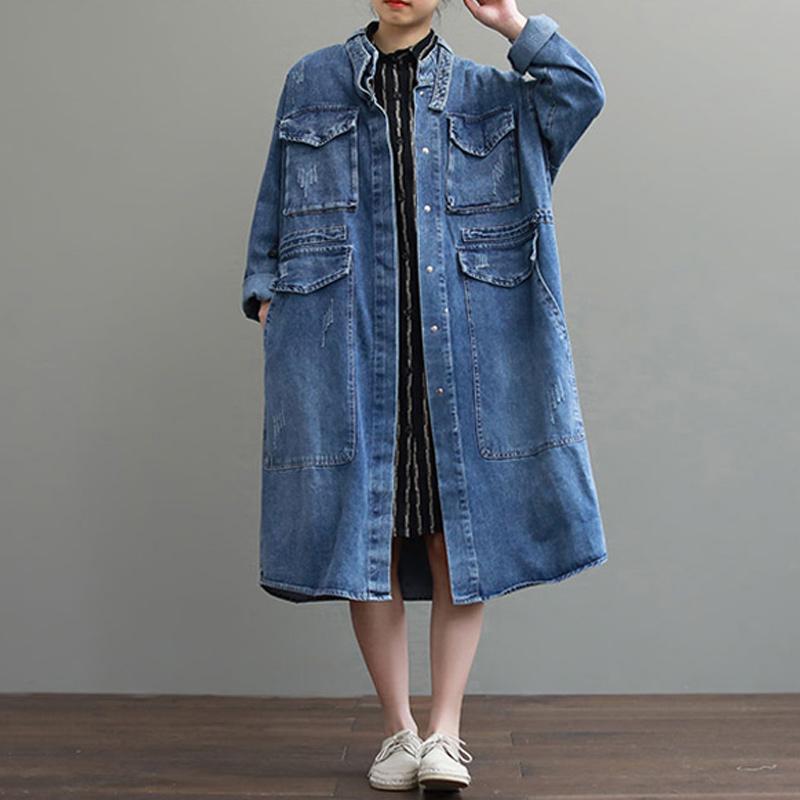 2020 Large Size Loose Women Long-sleeved Denim Jacket In The Long Section Of Autumn New Solid Color Wild Casual Jacket Female