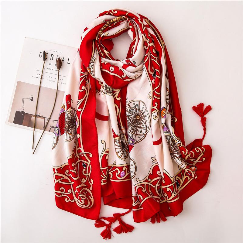 

2020 New satin twill cotton linen printed scarf scarf carriage pattern print fringed sun shawl