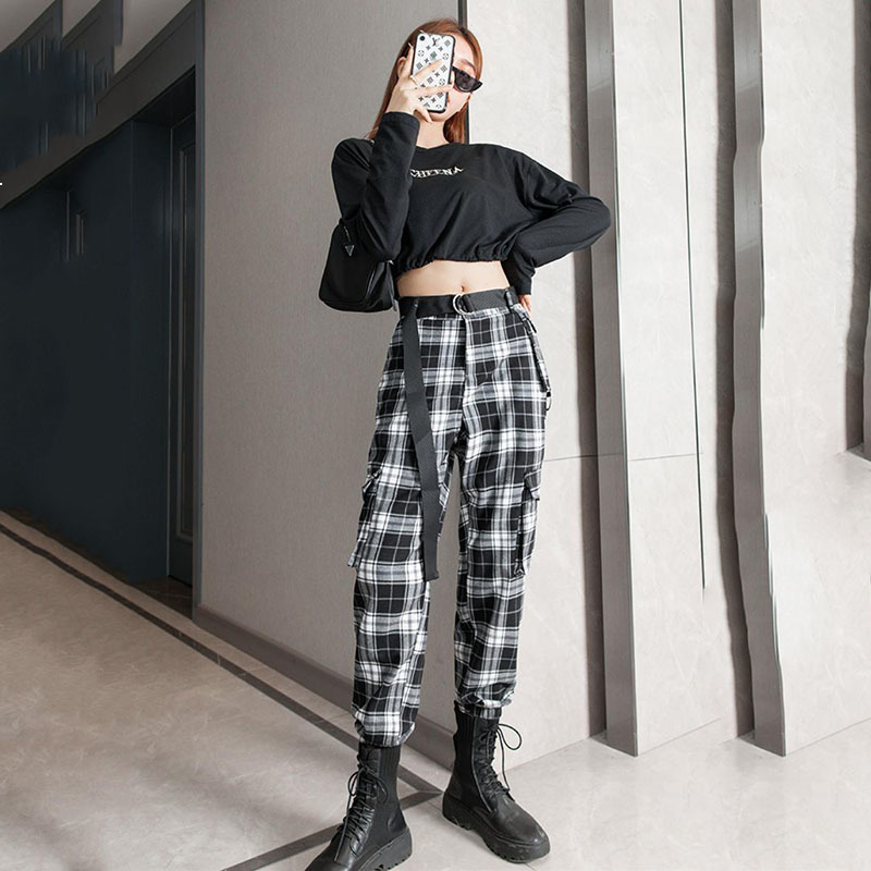 

2021 New Women's High-waisted Pants Spring Beautiful New Fall Loose-fitting Nine-point Straight Black-white Plaid Jumpsuit 9u Xhnp