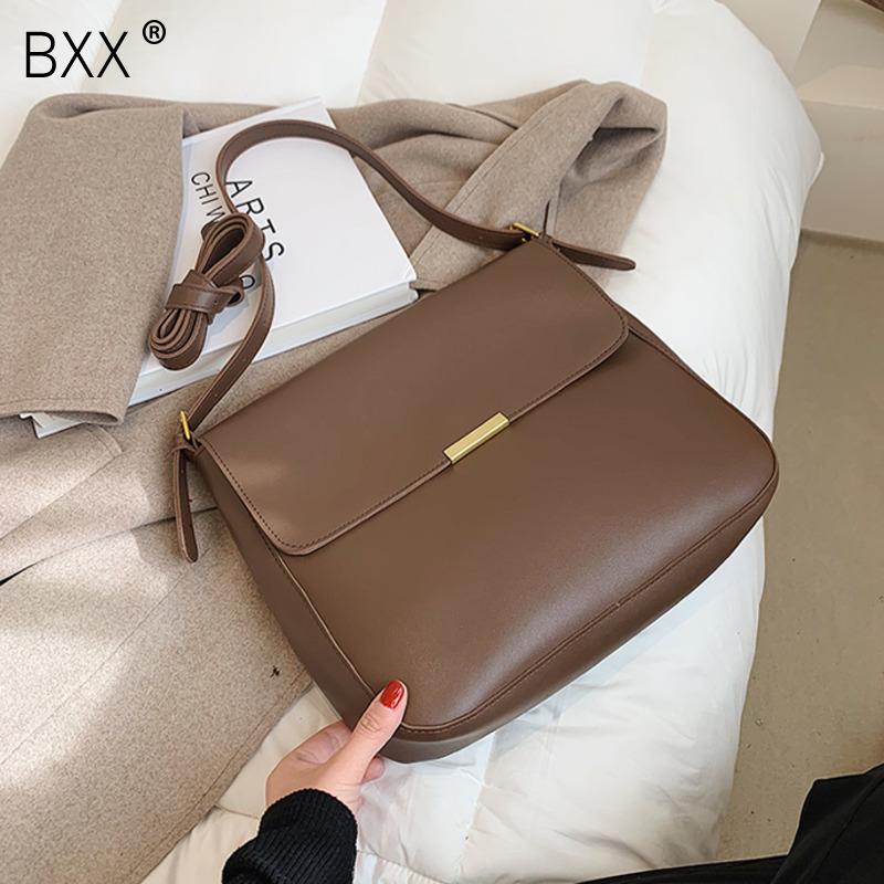 

[BXX] Simple Solid Color PU Leather Crossbody Bag For Women 2021 Spring Luxury Black Bucket Shoulder Handbags and Purse HQ709