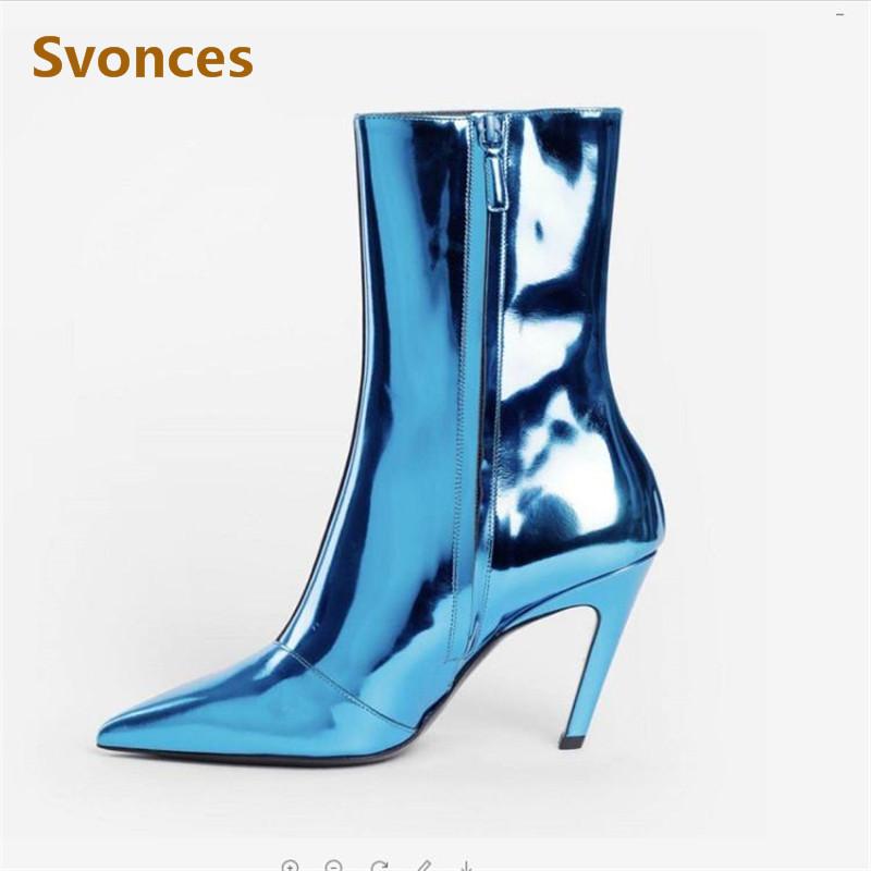 

Fashion Mirror Leaher Woman Boots Runway Show Sexy Pointed Toe High Heels Shinning Silver Leather Plus Size Botas Shoes Woman, As show