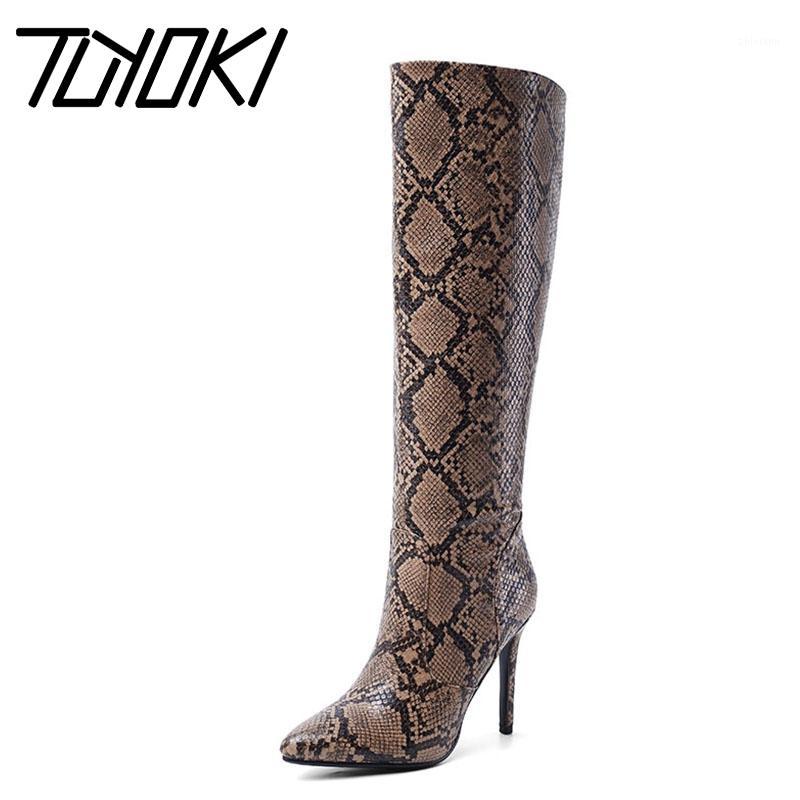 

Tuyoki High Heel Boots Ins Fashion Snake Print Knee High Winter Boots For Women Warm Fur Brand Designer Shoes Women Size 34-431, Black