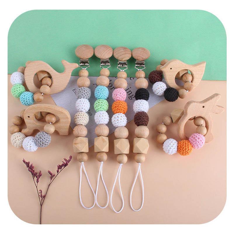 

2020 INS Holder Wood Beaded Baby Pacifier Clip Chain+teething beads 2pcs/set Teether Dummy Strap Chain Baby Teether Infant Feeding