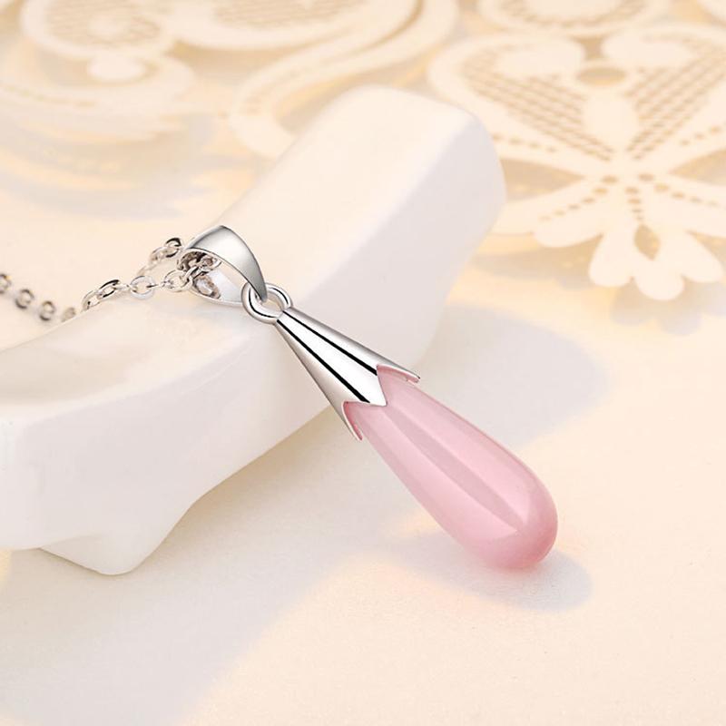 

Double Fair Pendant Necklace For Women Simple Waterdrop Pink White Cat's Eye Stone Silver Color Wedding Fashion Jewelry KBN238
