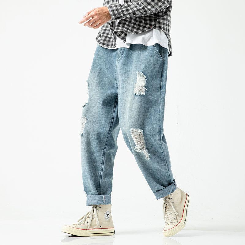 

Japanese-style Trend Vintage Harajuku Unisex Straight Jeans Male Popular Brand Loose Straight Casual Hong Kong Style Men and Wom, Blue