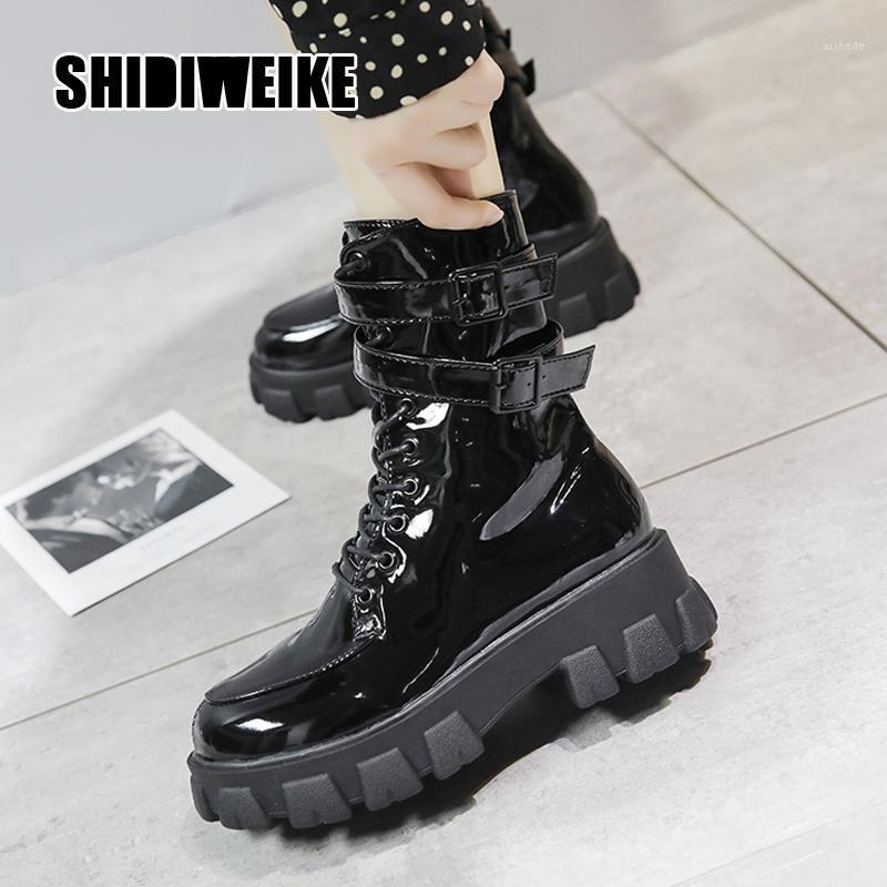 

2020 New Patent Leather Boots Women Lace Up Gothic Black Platform Leather Ankle Boots Women Shoes Botas Mujer V3811