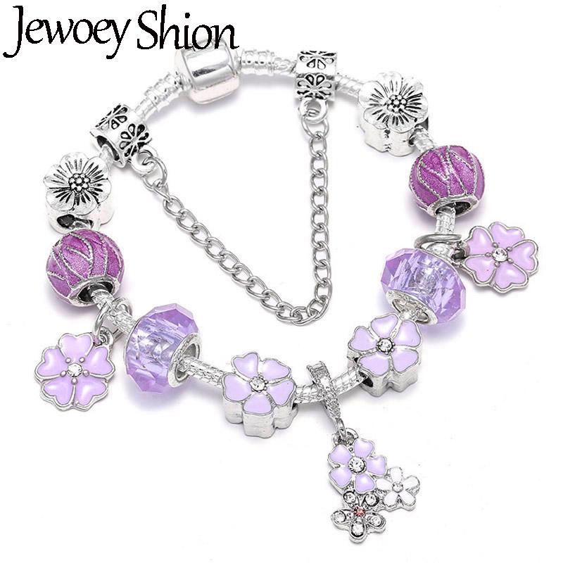 

Jewoey Shion Silver Plated European Style Charm Bracelet DIY Crystal Purple Flower Beads Fit Brand Bracelets for Women