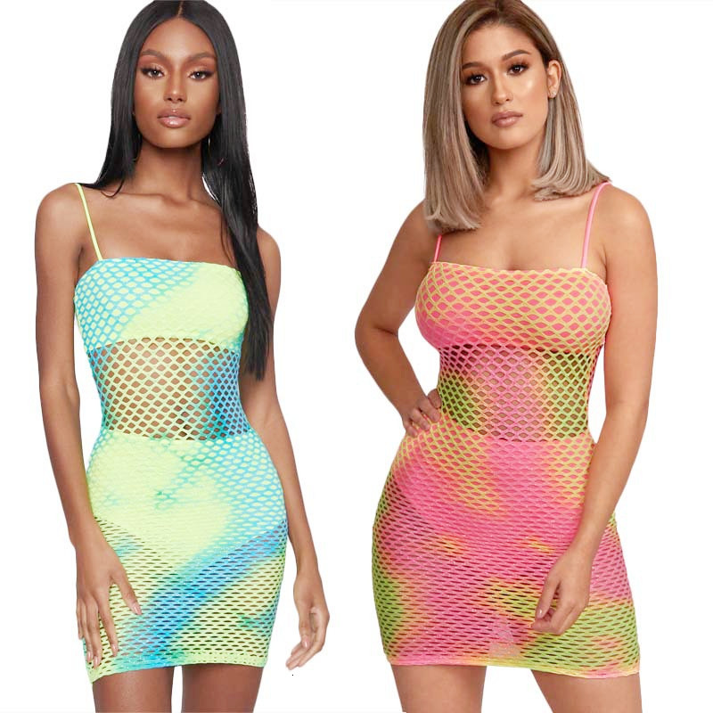 

2021 New You Can See Through the Copy Mini Fluorescent Pink Green Dress Girdle Without Backrest Sexy Bar Party ' WZIW