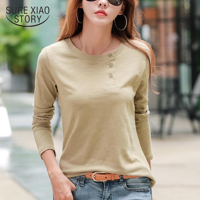 

Women's T-Shirt Cotton Long Sleeve Women Spring And Autumn Korean Style Loose Bottoming Tshirt Female Tops Tees Solid 7200 50, White