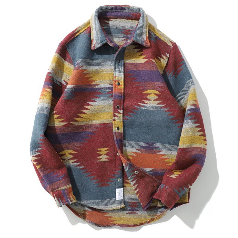 

Aelfric Eden Hip Hop Shirt Men Geometric Long Sleeve Shirt Harajuku National Style Streetwear Snap Button Men Cotton, Gray