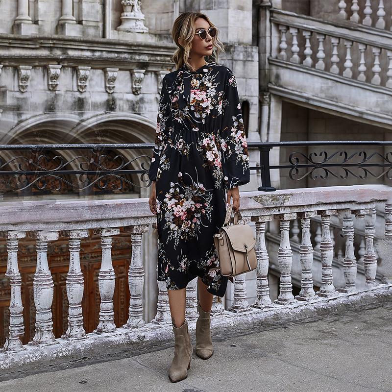 

Puff Sleeve Autumn Winter Floral Dress Women Casual Bow Stand Collar High Wasit Long Sleeve Dress 2020 New, Black