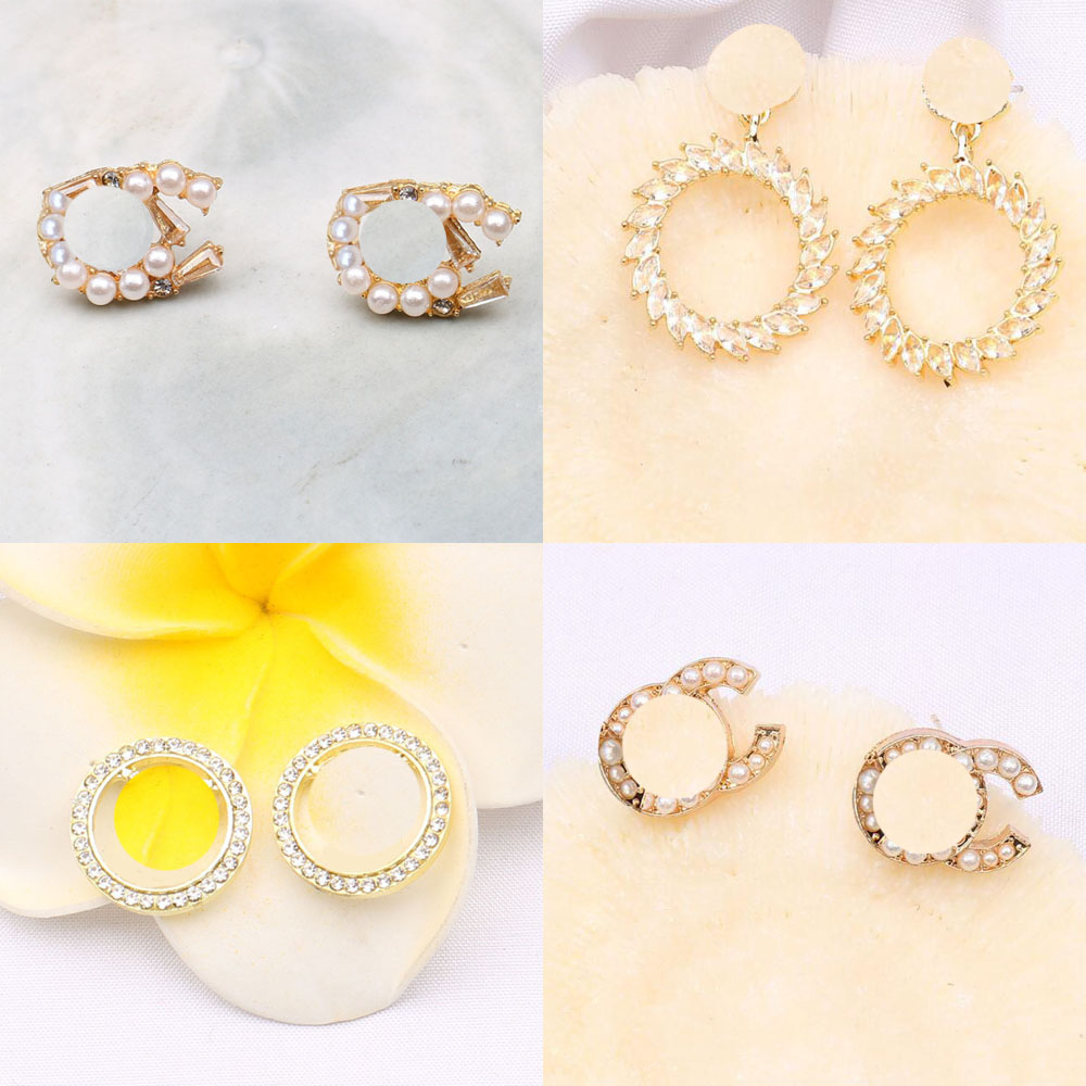 

Wholesale Lots 18K Gold Plated 925 Silver Luxury Designers Letters Stud Geometric Brand Women Round Crystal Rhinestone Pearl Long Earrings Wedding Party Jewelry