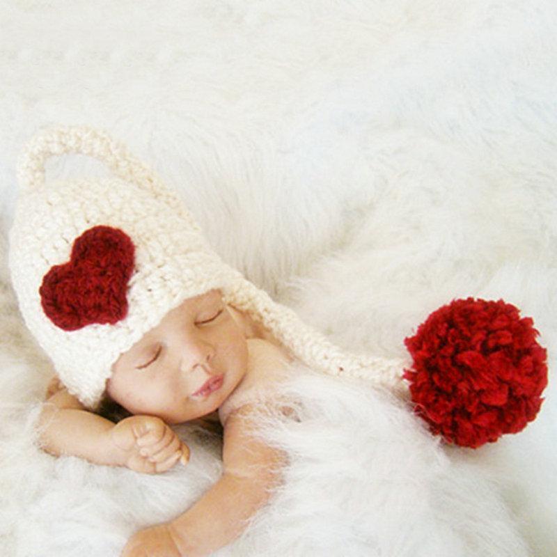 

New Year Christmas Winter Newborn Photography Props Clothes Knitted Heart Cotton Baby Hat Long Cap For Toddler Infant Costume1, White