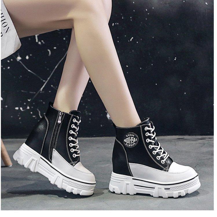 

Women Ankle Boots Platform Winter Boots Ulzzang 8.5cm Height Increasing Wedges Shoes Woman Autumn Thick Sole Leather Sneakers, Black