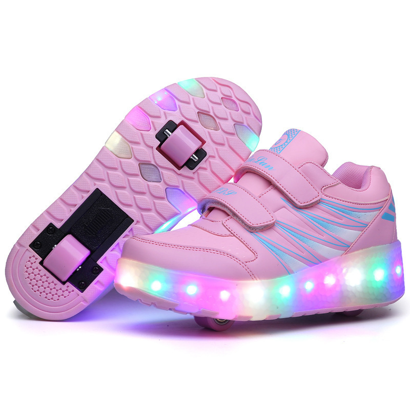 

With Jazzy Skate LED Light Shoes Children Kids Roller Junior Boys Girls Glowing Sneakers Luminous One/Two Wheels, Blue 1 wheel