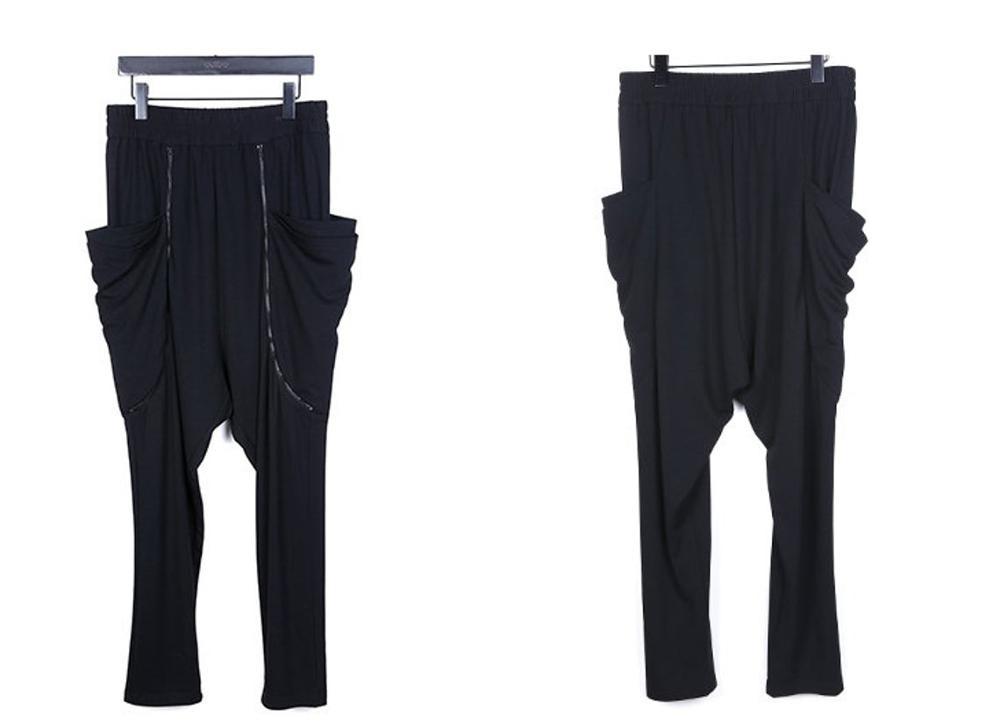 

New Spring Men's Slim Long Dark Black Trouser Jogger Pants / Zip Closure Dropped Casual Big Pocket / Low Crotch
