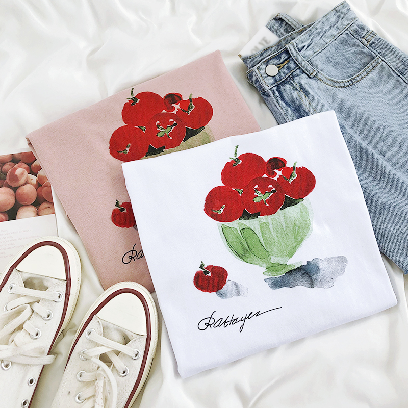 

2021 New 2 Summer colors Korean style fruit printing short sleeve women's loose tops casual t-shirt femme (n0007) 0AKP, White