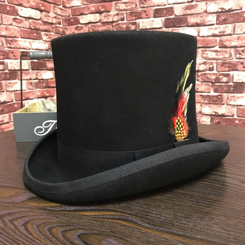 

Black Men Woolen Fedora Flat Mad Hatter Top Traditional President Party Steampunk Magic Hat with feather 201028, Black 17cm