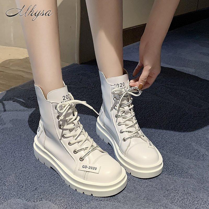 

2020 Autumn New Fashion Boots Women's Front Lace-Up Mid-Tube Round Toe Women's Shoes Platform Platform Heel Boots D1627, White