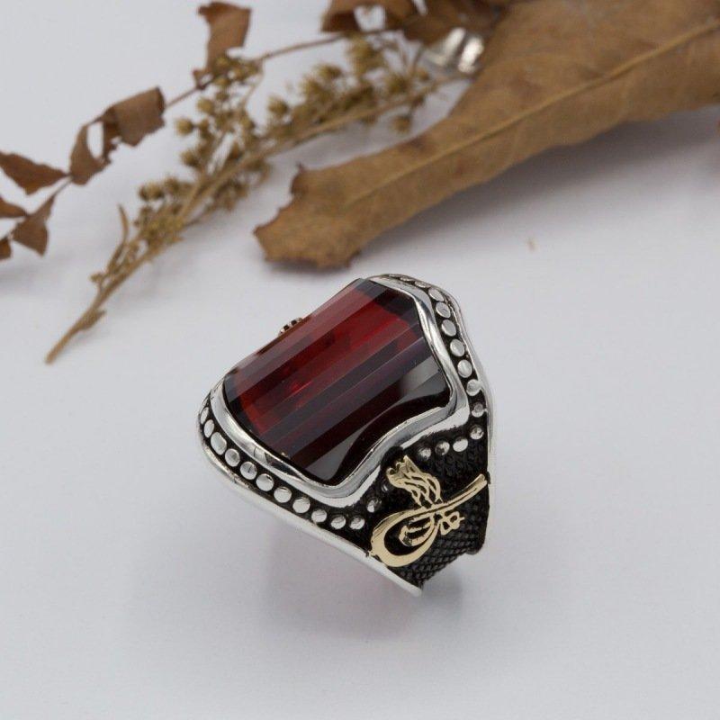 

925 Sterling Red Zircon Stone Tugra Patterned Silver Ring Fashion Turkish Quality Handmade Jawelery