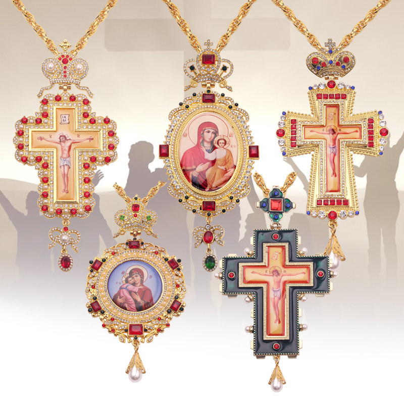 

Orthodox Pectoral Cross Collares Crown Religious Icon byzantine Catholic Crucifix Confirmation Pendant Long Necklace Q1113