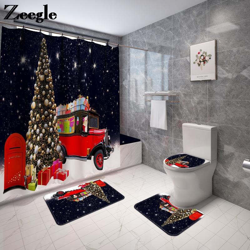 

Christmas Bath Mat and Shower Curtain Set Toilet Mat Carpet Non Slip Bathroom Floor Carpet Microfiber Bath Foot