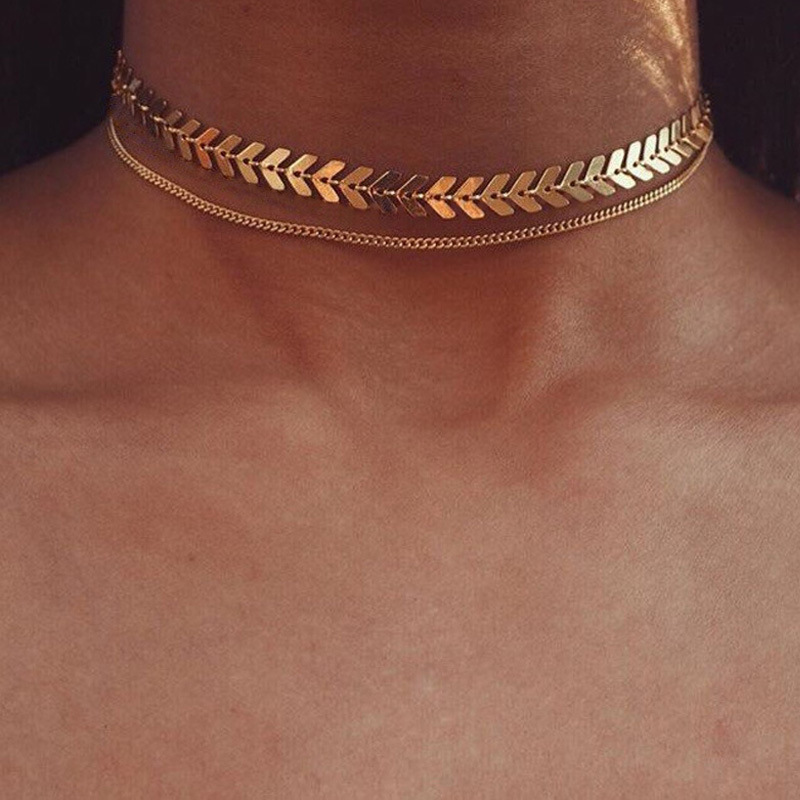 

Fashion Jewelry Simple Double-layer Fish Bone Clavicle Chain Personality All-match Short Necklace Necklace Women Gold