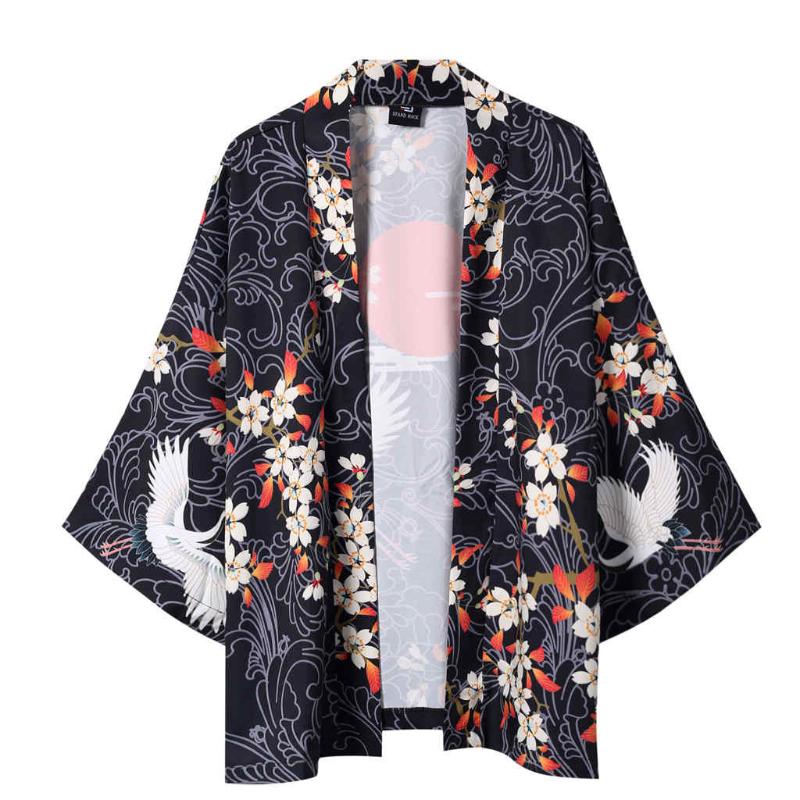 

Summer Japanese Five Point Sleeves Kimono Mens And Womens Cloak Jacke Top Blouse Clothes Casual Shirts Men Camisa Masculina, Black