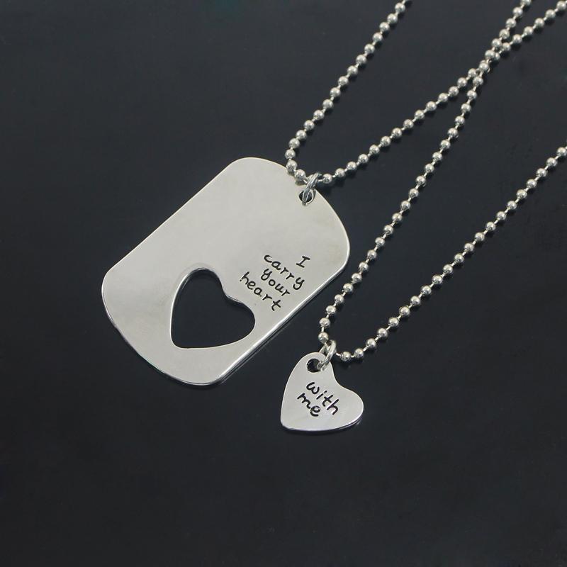 

2 Piece Set Of Fashionable Couple Necklace Love Heart Hollow Pendant Letter Necklace Your Heart Is With Me Bead Chain