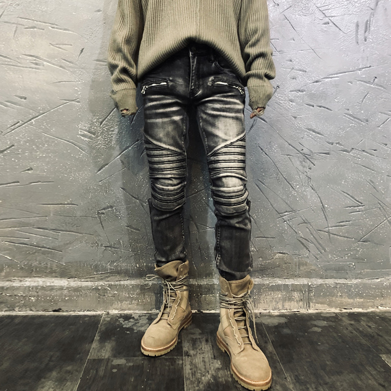 

2021 New Fashion Streetwear Men Jeans Retro Black Gray Slim Fit Elastic Spliced Designer Denim Punk Trousers Hip Hop Biker Pants Homme Vla9