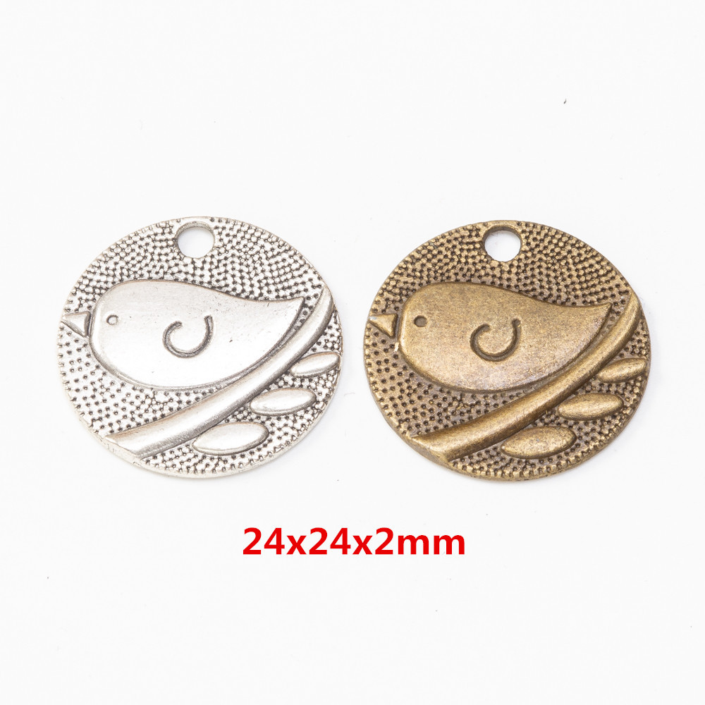 

50pcs Bird tag charms 24X24MM antique silver vintage bronze pendant alloy metal jewelry accessories round coin animal diy jewellery making findings, Bronze;silver