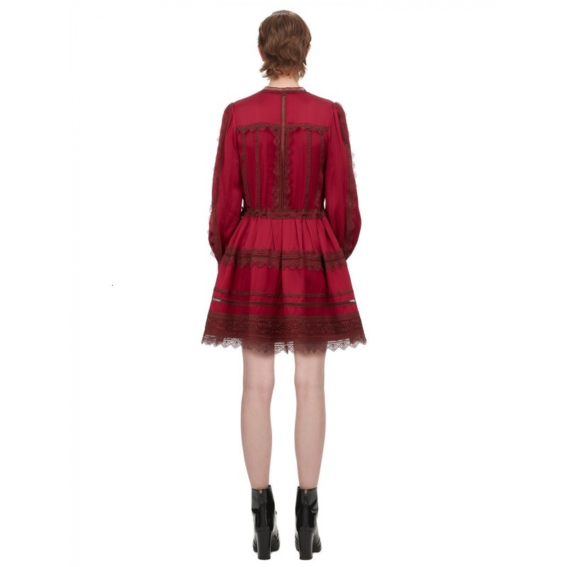 

Runway Self-portrait Portrait Dressed in Sexy Shredded Lace with Low-v Mini Women's Long-tailed Lantern Sleeves Stylish Lady's Dress Lnja, Beige