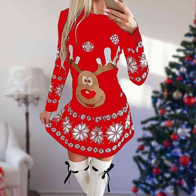 

Xmas Dress Autumn Women Christmas Elk Print Mini Party Dresses Casual Long Sleeve O Neck Bodycon Dress Vestidos Cortos, Black;gray