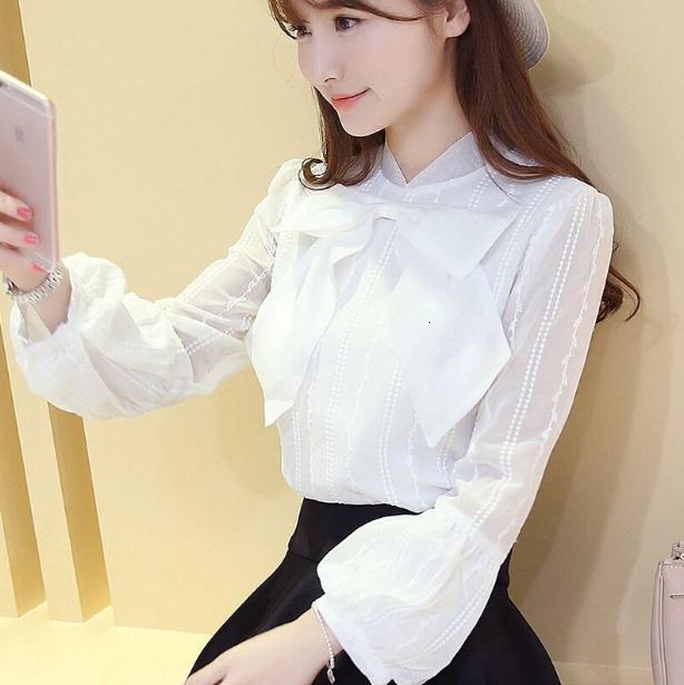 

Women Bowknot Lantern Chiffon Long-sleeved White Shirt 6t5h