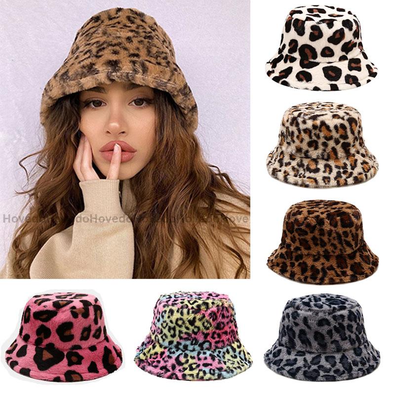 

New Winter Leopard Print Faux Fur Womens Bucket Hats Outdoor Warm Hat Soft Velvet Fisherman Cap Lady Fashion Panama Fishing Caps