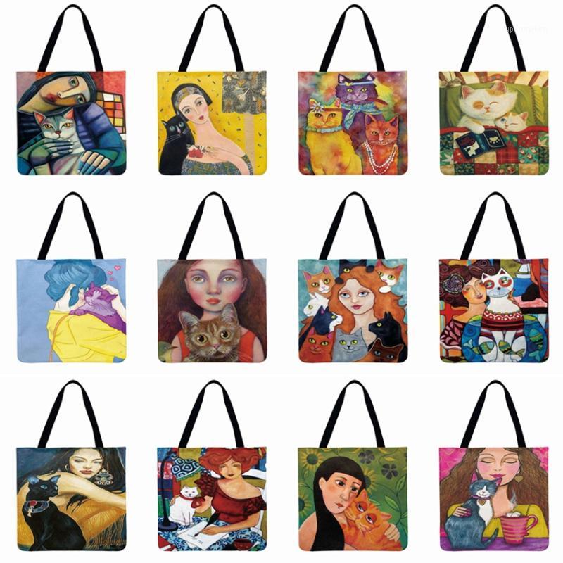 

Ladies Shoulder Bag Linen Fabric Bag Woman And Cats Art Printed Tote Casual Totes Foldable Shopping Outdoor Beach1, Green