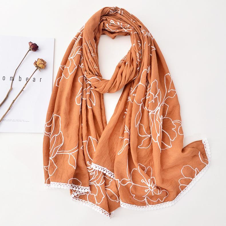 

Royalmaybe Foreign trade white embroidered cotton scarf orange lace fringed decorative shawl long gauze scarf1