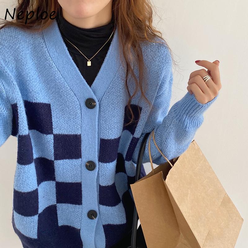 

Neploe Chic Autumn Winter Vintage Sweaters Elegant V-neck Panelled Plaid Jacket Single Breasted Long Sleeve Cardigans Women, Brown