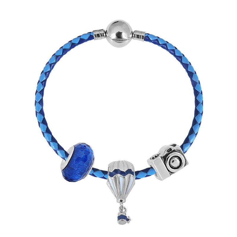 

2020 16-40CM Blue Color Stainless Steel Leather Bracelet With Hot Air Balloon Charms Beads Bracelet Women DIY Jewelry