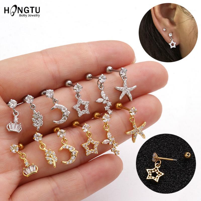 

HONGTU 1Pc Copper Inlaid Zircon Cartilage Earrings Screw Back Earring Stud Steel Tragus Rook Conch Piercing Jewelry 20g1