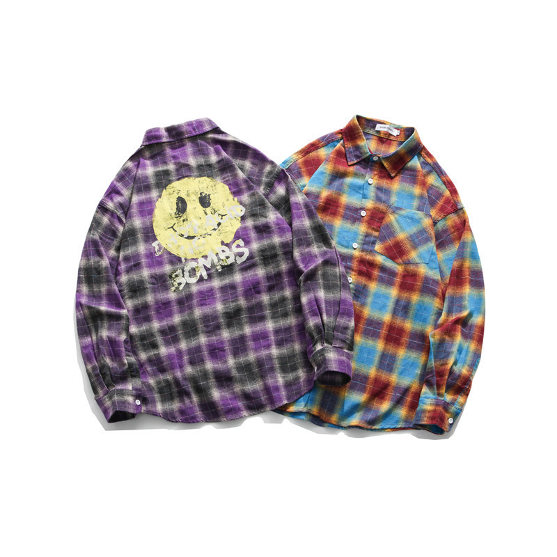 

2021 New Smiley Chess Face Autumn Shirt Long-sleeve Lovers Harajuku in Fashionable Men's Fashions Popular ZPOD, Purple plaid.