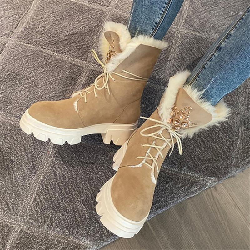 

PXELENA Luxury Crystal Real Fur Snow Boots Women Cow Suede Chunky High Heels Platform Winter Warm Plush Ankle Boots Lady Shoes1, Nude