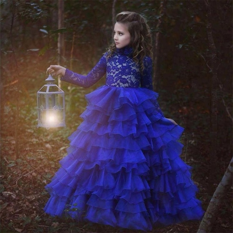 

Royal Blue Tiered Organza Flower Girls Dresses Lace Long Sleeve Puffy Toddler Pageant Dress Jewel Neck Little Girl Brithday Party Gowns